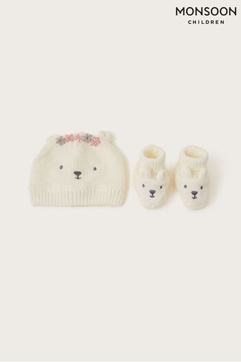 Monsoon Newborn Natural Bear Embroidered Hat and Booties Set (831240) | £20