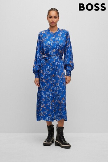 BOSS Blue Floral Print Long Sleeve Midi Belted Dress (831921) | £269