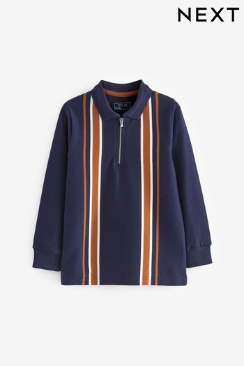 Navy Blue Vertical Stripe Long Sleeve Zip Neck Polo Shirt (3-16yrs) (832560) | £14 - £20