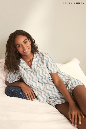 Laura Ashley Blue Wave Print Scallop Edge Cotton Button Through Pyjamas Shorts Set (833110) | £45