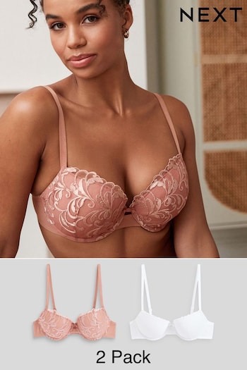 Rose Pink/White Pad Balcony Embroidered Bras 2 Pack (833959) | £25