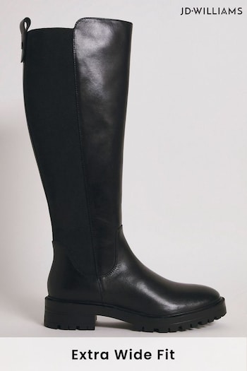 JD Williams Extra Wide Fit Leather High Leg Black Boots with Back Elastic Detail (834336) | £85