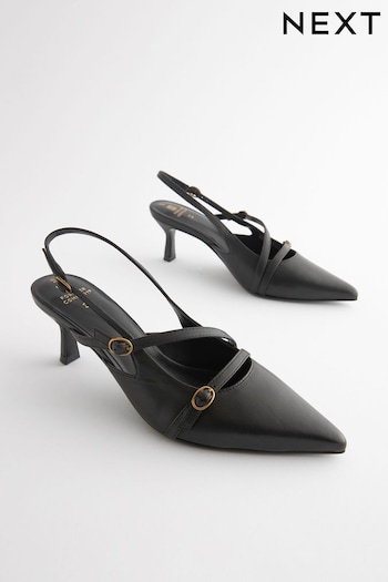 Black Forever Comfort® Leather Multi Buckle Slingback Heels (835112) | £46