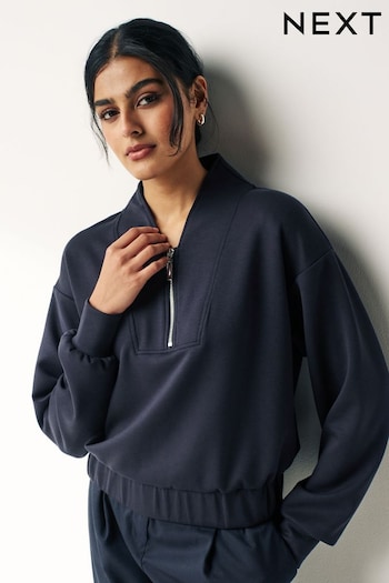 Navy Blue Slinky Notch Neck Long Sleeve Quarter Zip Sweatshirt (836761) | £34
