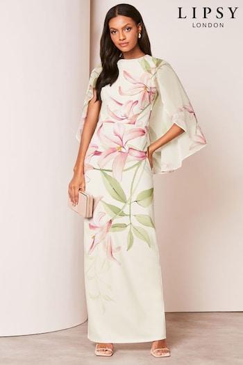 Lipsy White Print Floral Print Cape Maxi Dress (837278) | £90
