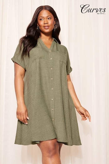 Curves Like These Khaki Green Button Through Mini Shirt Dress (837554) | £39
