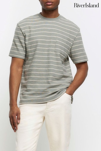 River Island Green Regular Fit Slub Striped T-Shirt (838050) | £22