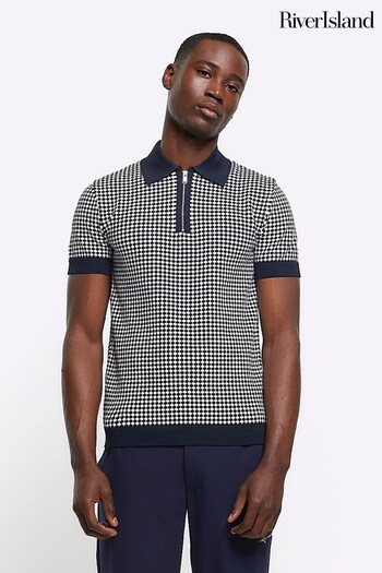 River Island Blue Muscle Fit Tile Geo unisex Polo Shirt (838462) | £35