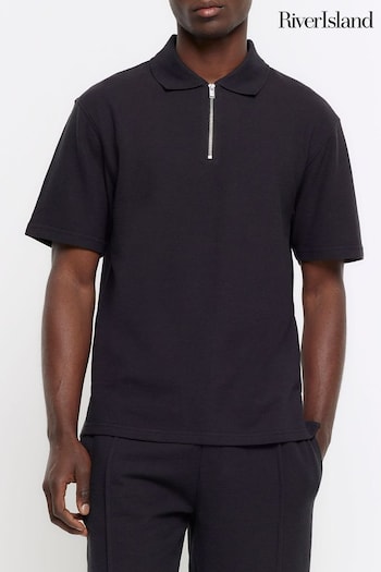 River Island Black Texture Zip Neck Polo Shirt (838534) | £30