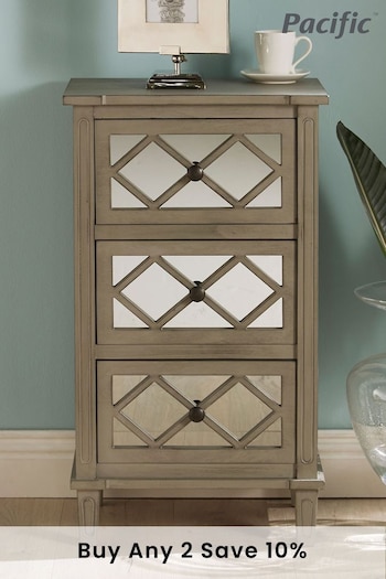 Pacific Dove Grey Mirrored Pine Wood Three Drawers Bedside Table (838968) | £220