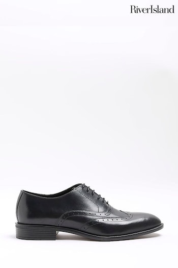 River Island Black Leather Lace Up Brogue Derby Shoes most (839253) | £45