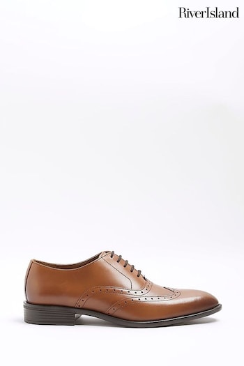 River Island Brown Chrome Lace-Up Leather Brogue Derby Shoes Block (839288) | £45