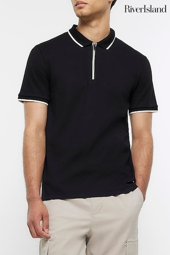 River Island Black Slim Fit Ecru Tipped Interlock Polo Shirt (839352) | £22