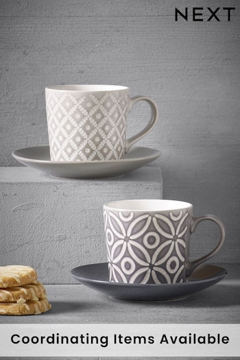 Grey Geo Embossed Set of 2 Teacup and Saucers Mugs (839551) | £14