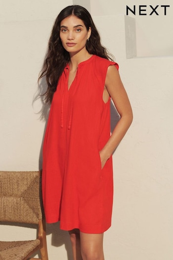 Red Linen Blend Tie Neck Mini Summer Dress (840164) | £25
