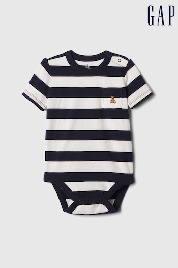 Gap Navy & White Stripe Cotton Graphic Short Sleeve Pocket Bodysuit (Newborn-5yrs) (840189) | £8