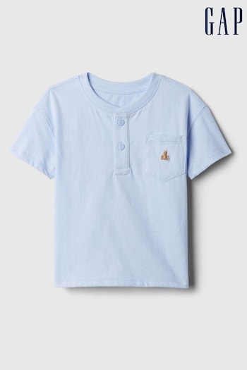 Gap Blue Brannan Bear Embroidered manches Henley T-Shirt (840558) | £10