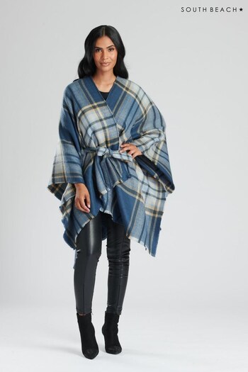 South Beach Blue Check Belted Waist Wrap Poncho (842191) | £32