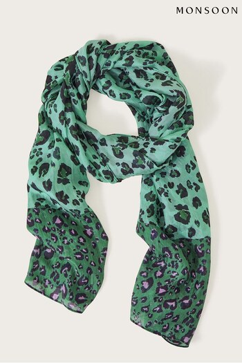 Monsoon Green Animal Print Silk Scarf (842253) | £32