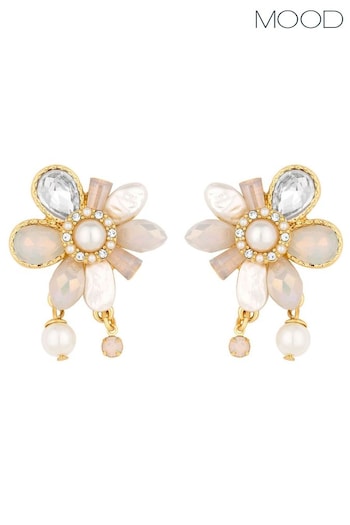 Mood Gold Tone Pearl And Crystal Flower Charm Stud Earrings (842723) | £18