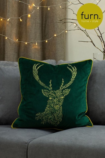 furn. Emerald Green/Gold Forest Fauna Embroidered Polyester Filled Cushion (842781) | £19