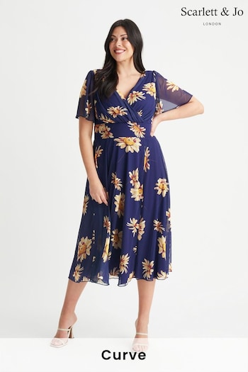 Scarlett & Jo Navy Blue Sunflower Victoria Angel Sleeve Mesh Midi Dress (843049) | £85