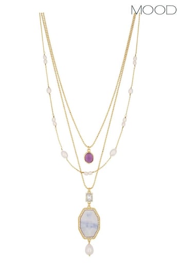 Mood Gold Toned Opal Iridescent Stone And Charmed Multirow Long Pendant Necklace Pack of 3 (843826) | £28