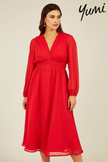 Yumi Red Metallic Dobby Long Sleeve Midi Dress (844762) | £55