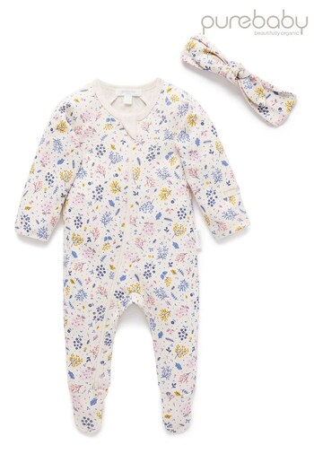 Purebaby Cream Floral 2 Piece Sleepsuit & Headband  Baby Gift Set (845224) | £28