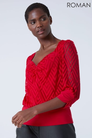 Roman Red Textured Twist Front Blouson Stretch Top (845419) | £32