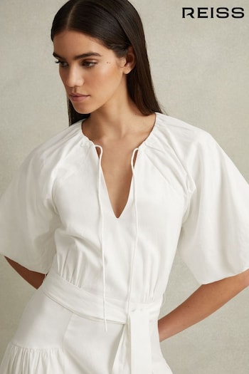 Reiss White Alice Lyocell Blend Puff Sleeve Midi Dress (846167) | £268
