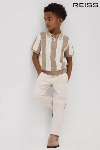 Reiss Soft Taupe/Optic White Paros Knitted Striped Half Zip Polo Affluent Shirt (846170) | £44