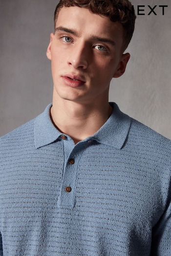 Blue Knitted Boucle Textured Relaxed Fit Polo Shirt (846242) | £34