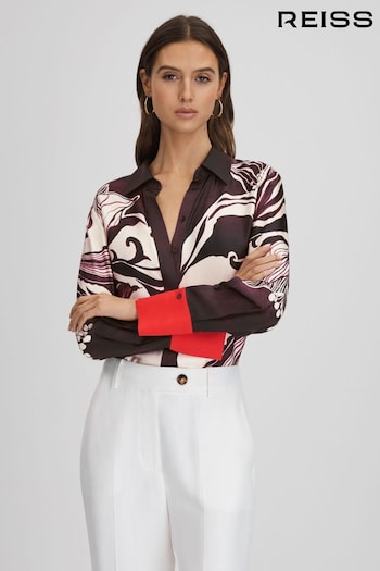 Reiss Burgundy/Cream Kari Printed High-Low Button-Through Shirt (846400) | £178