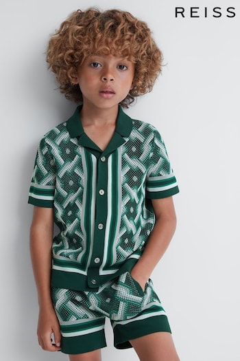Reiss Green Multi Hyde Knitted Cuban Collar Button-Through Shirt (846519) | £50