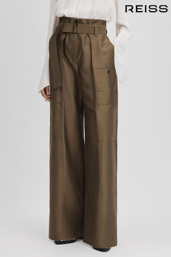 Reiss Khaki Maria Wide Leg Paper Bag Trousers (846598) | £198