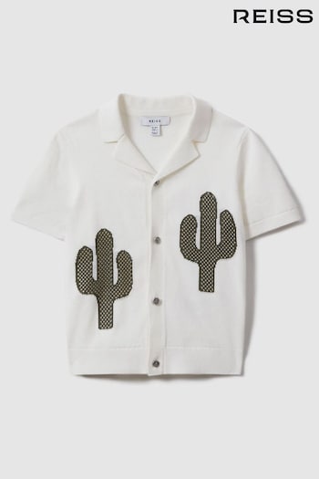 Reiss Ecru/Green Takla Teen Knitted Cactus Cuban Collar Shirt (846650) | £50