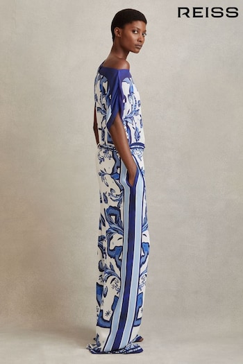 Reiss Blue Diana Tile Print Off-The-Shoulder Jumpsuit (846688) | £258