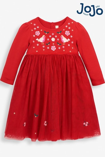 JoJo Maman Bébé Red Robin EmbroideParty Dress (8467Q6) | £36