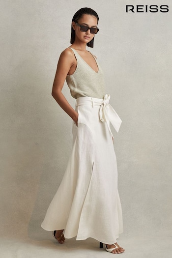 Reiss White Abigail High Rise Linen Midi Skirt (846929) | £178