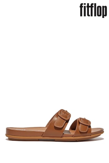 FitFlop Natural Gracie Rubber-Buckle Two-Bar Leather Slides (847021) | £90