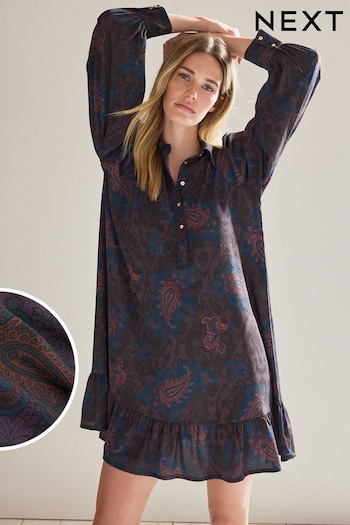 Purple Floral Paisley Long Sleeve Mini coat Shirt Dress (847438) | £32