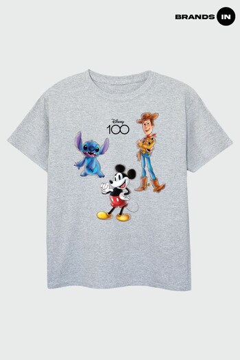 Brands In Grey Disney 100 Mickey Stitch Woody Boys Heather Grey T-Shirt (847589) | £17