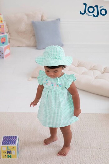 JoJo Maman Bébé Green 3-Piece Gingham Bunny Embroidered Dress With Knickers & Floppy Hat Set (847829) | £28