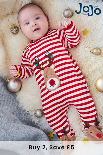 JoJo Maman Bébé Red Stripe Reindeer Appliqué Sleepsuit (8483C4) | £23