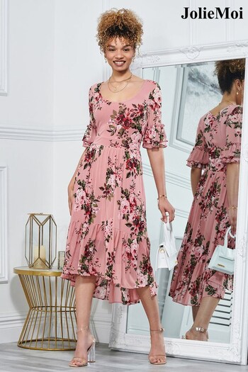Jolie Moi Pink Maab Mesh Ruffle Sleeve Midi Dress (848417) | £75