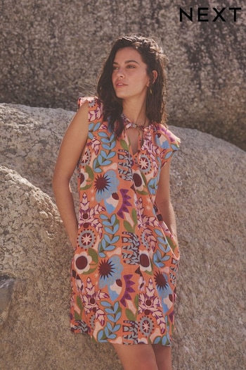 Orange Tropical Print Linen Blend Tie Neck Mini Summer Dress (849066) | £26