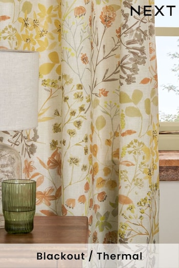 Yellow/Orange Botanical Floral Blackout/Thermal Eyelet Curtains (849549) | £55 - £110