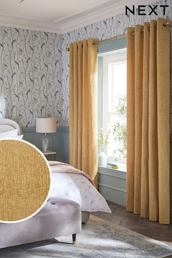 Ochre Yellow Heavyweight Chenille Eyelet Lined Curtains (849629) | £60 - £175