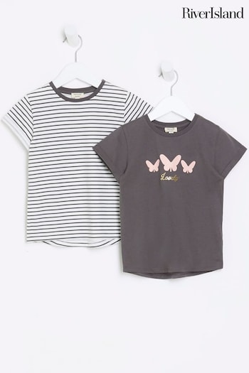 River Island White/Grey Mini Girls Stripe T-Shirts 2 Pack (851004) | £18